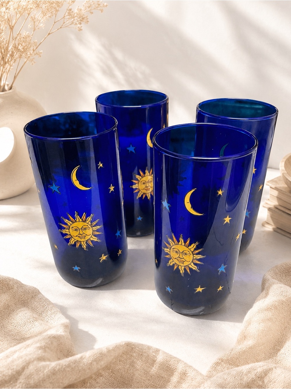 NEW Vintage Set 4 Libbey Celestial Cobalt Blue Tumbler Glasses 16 oz Moon Stars